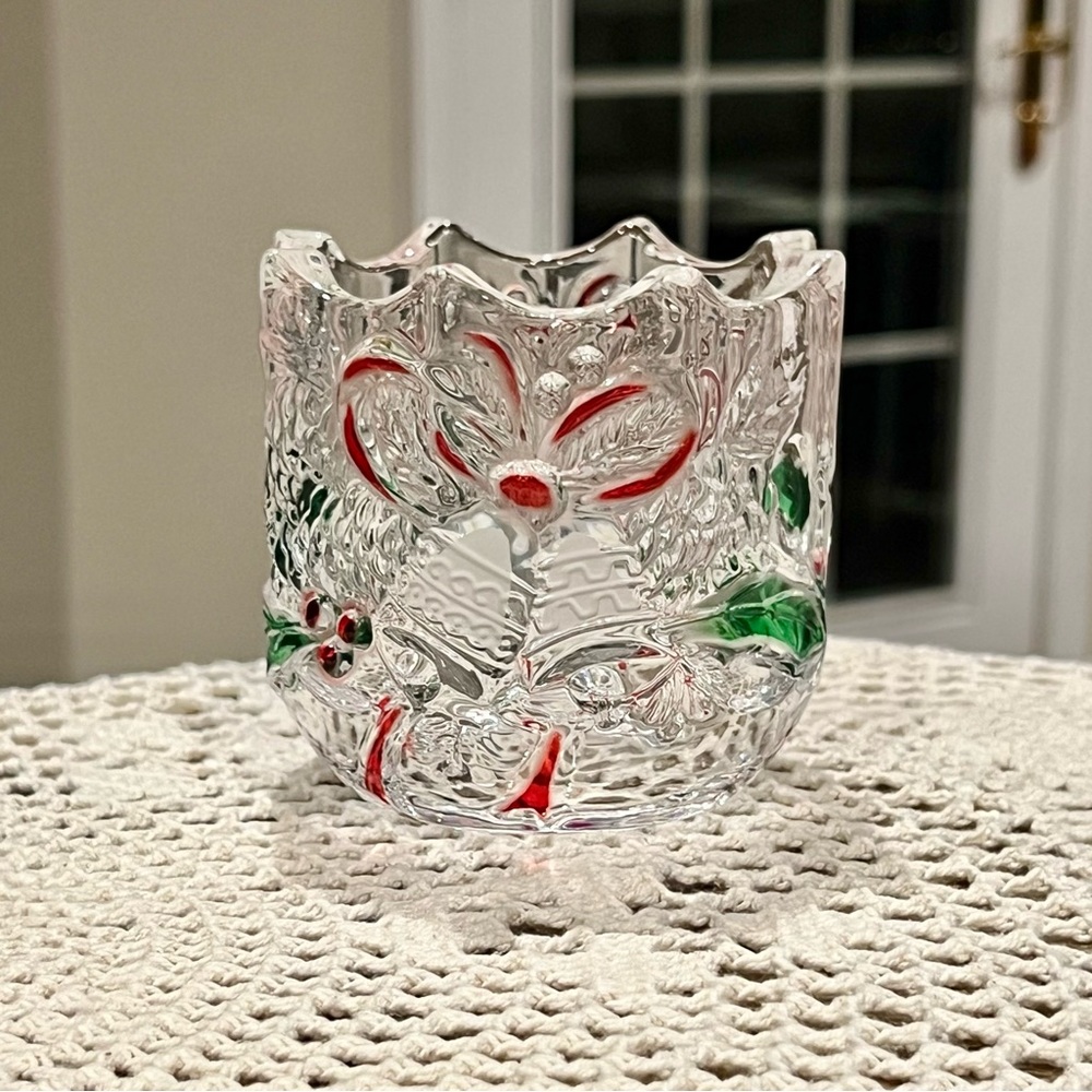 Mikasa Holiday Bells Crystal Votive Candle Holder Frosted Bells Ribbons Holly
